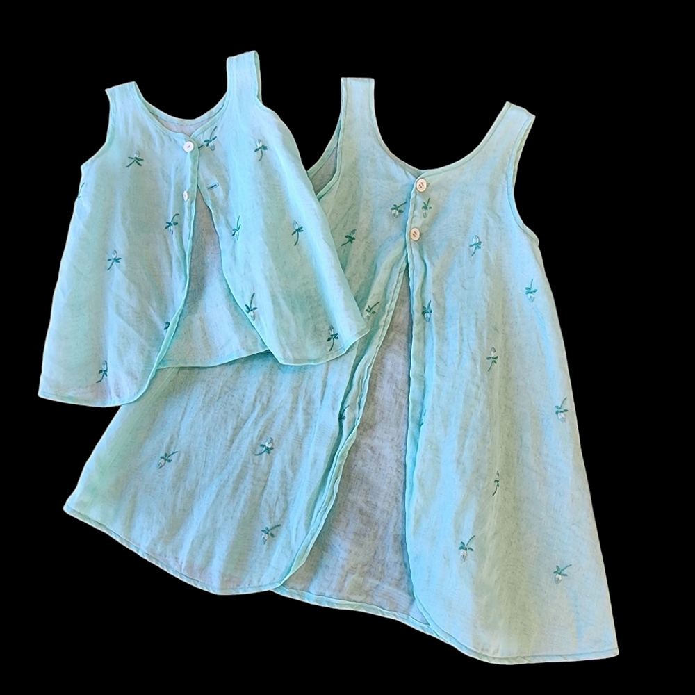 2 Matching Vintage Dresses 18M and 3T sleeveless handmade embroidered teal